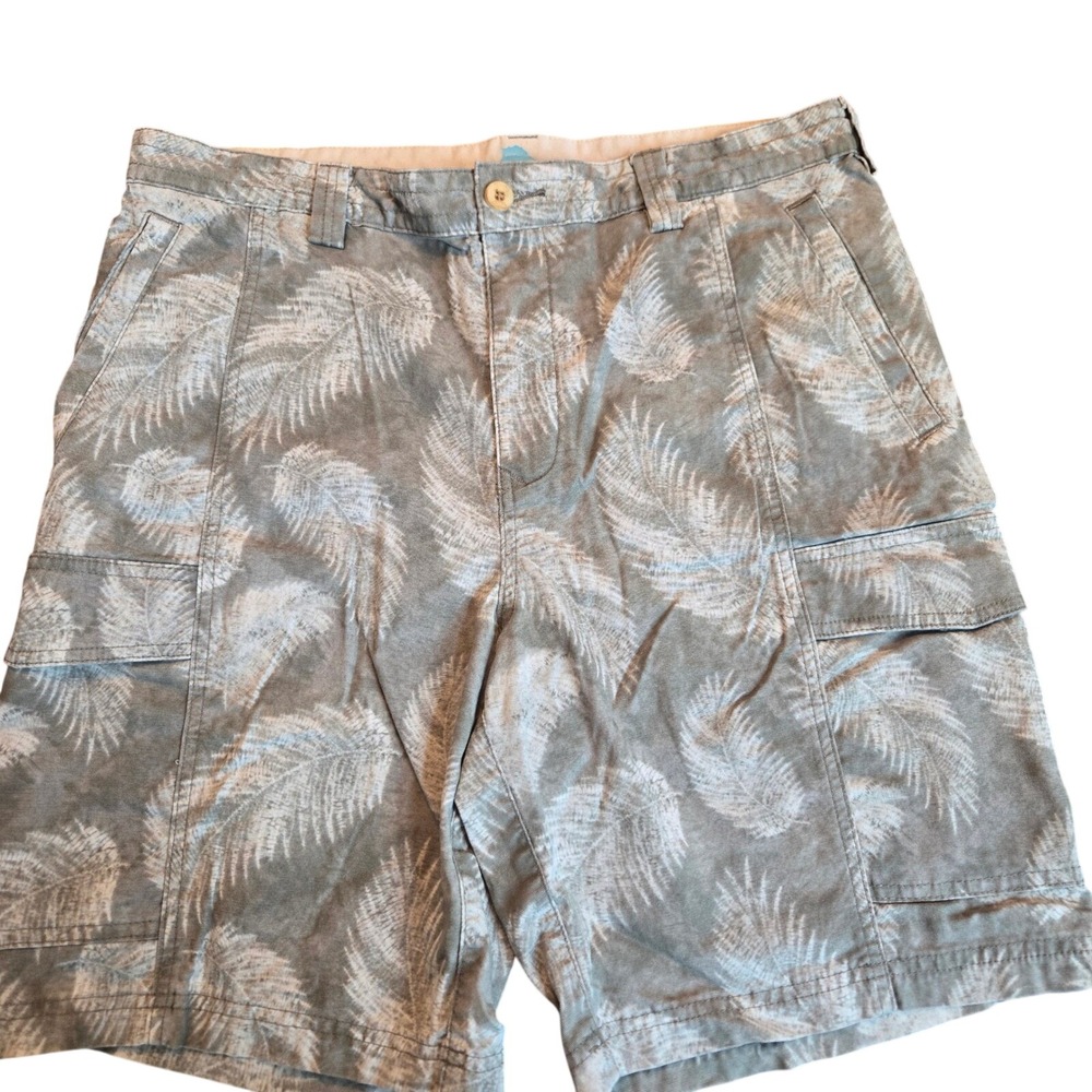 Tommy Bahama MensKhaki Palm Leaf Print Cargo Shorts Size 35 Stretch Cotton Blend
